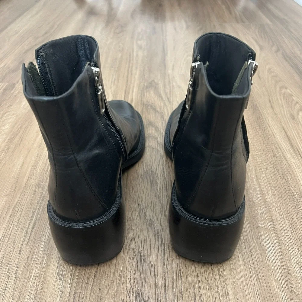 Black Leather Ankle Boots Side Zip Block Heel Moto Biker‎ Boots Women's 9.5